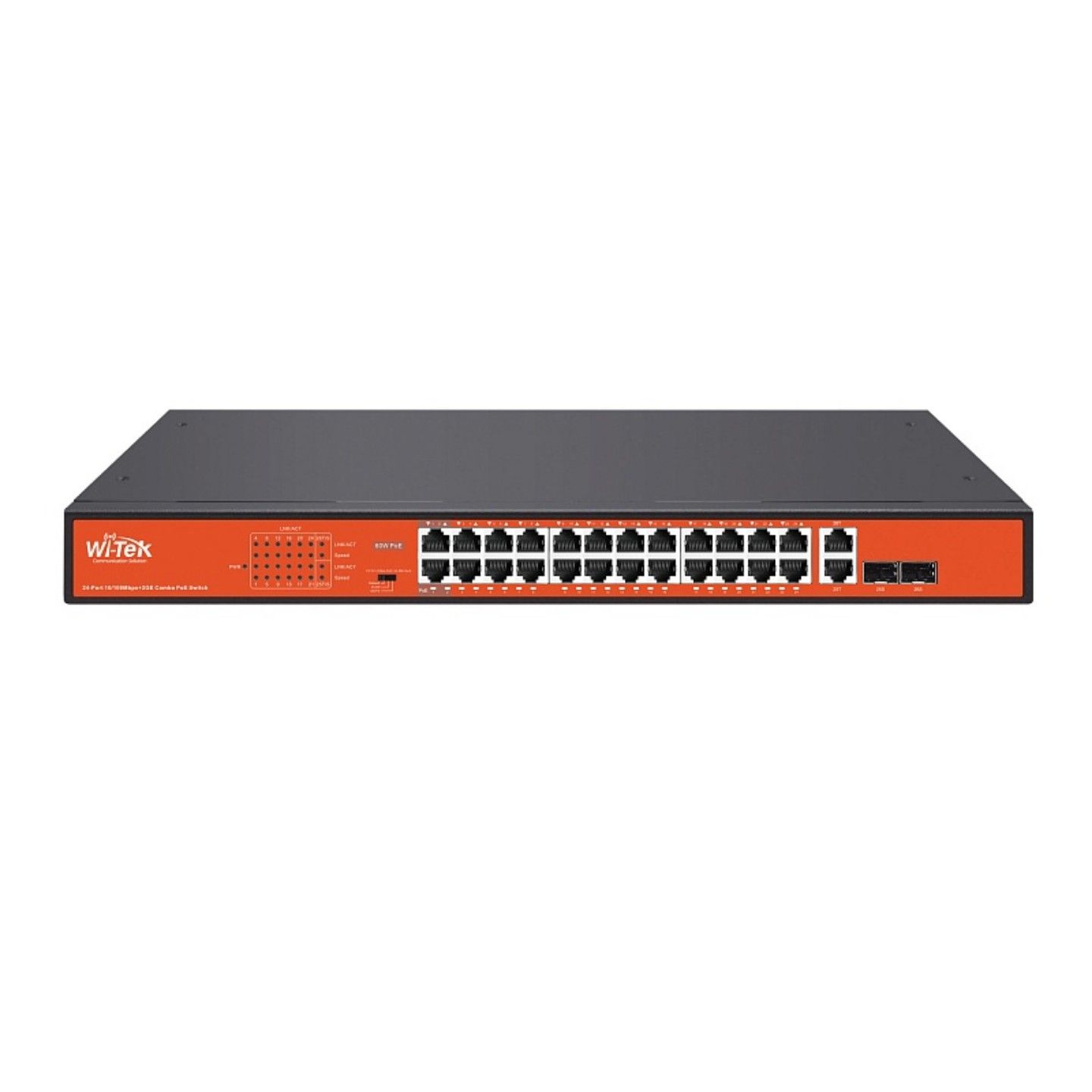 Коммутатор неуправляемый Wi-Tek WI-PS526G v4, PoE 270Вт, порты 24 PoE FE, 2 Combo, режим 250м, VLAN, Watchdog