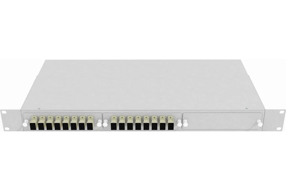 Кросс стоечный оптический Vimcom 19'' укомплектованный 1U, 16 портов SC, 50/125 мкм (планки, сплайс-кассета, пигтейлы, адаптеры, КДЗС), серый.