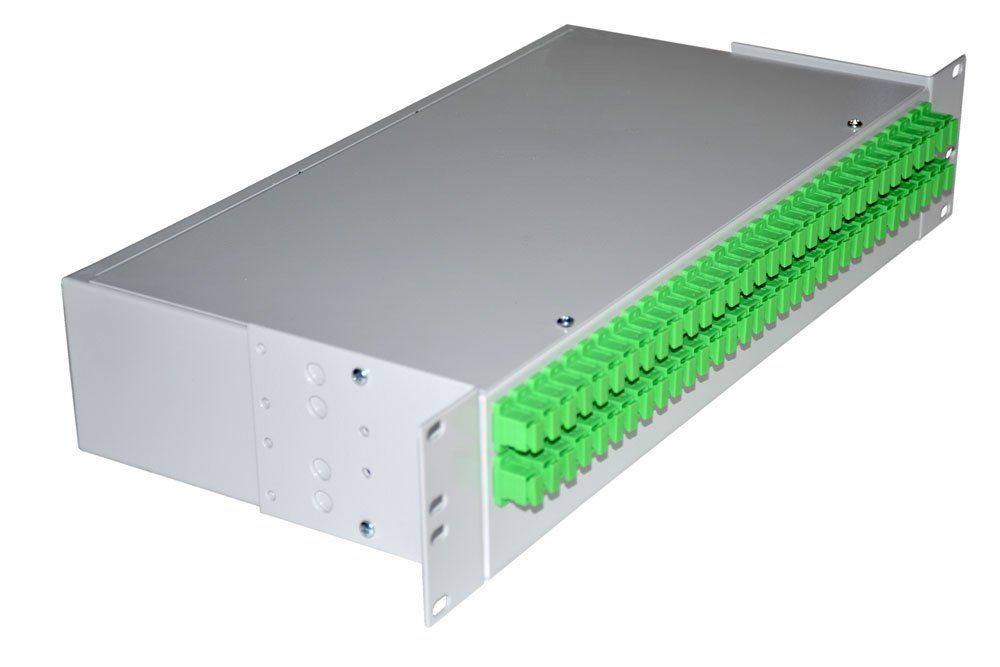 Кросс стоечный оптический Vimcom 19'' укомплектованный 2U, 64 порта SC/APC, 9/125 мкм (сплайс-кассета, пигтейлы, адаптеры, КДЗС), сплошная панель, серый