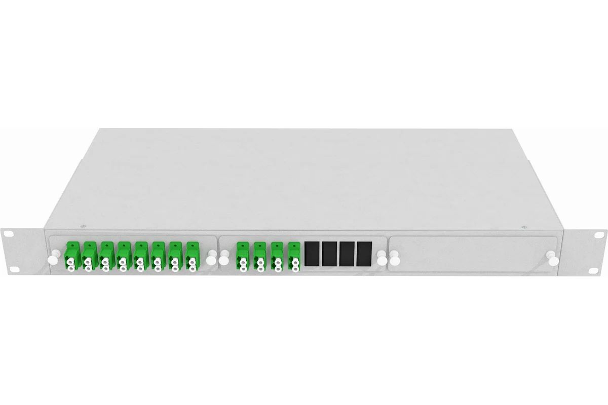 Кросс стоечный оптический Vimcom 19'' укомплектованный 1U, 24 порта LC/APC, 9/125 мкм (планки, сплайс-кассета, пигтейлы, адаптеры, КДЗС), серый.