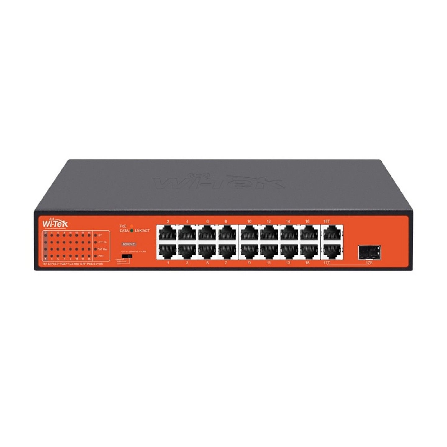 Коммутатор неуправляемый Wi-Tek WI-PS518G v4, PoE 200Вт, порты 16 PoE FE, 1GE, 1Combo, режим 250м, Watchdog