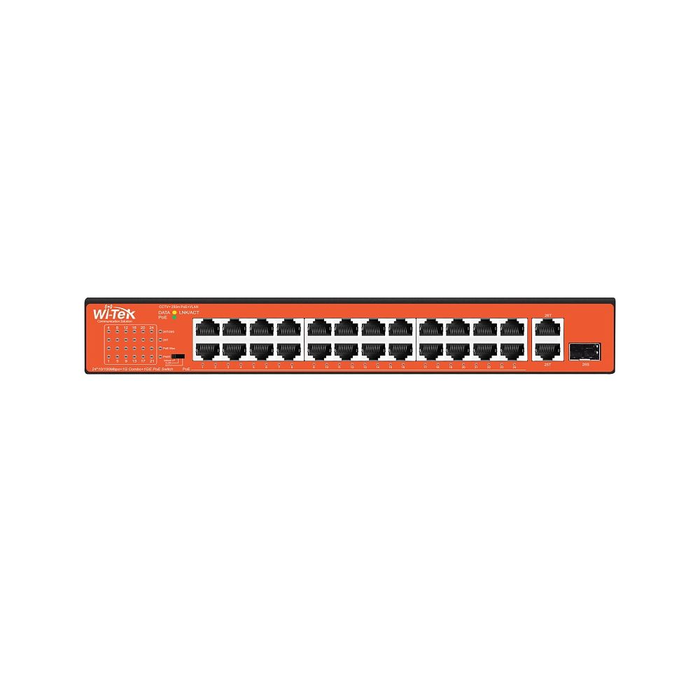 Коммутатор неуправляемый Wi-Tek WI-PS526GH, PoE 200Вт, порты 24 PoE FE + 1GE + 1Combo, режим 250м, Watchdog