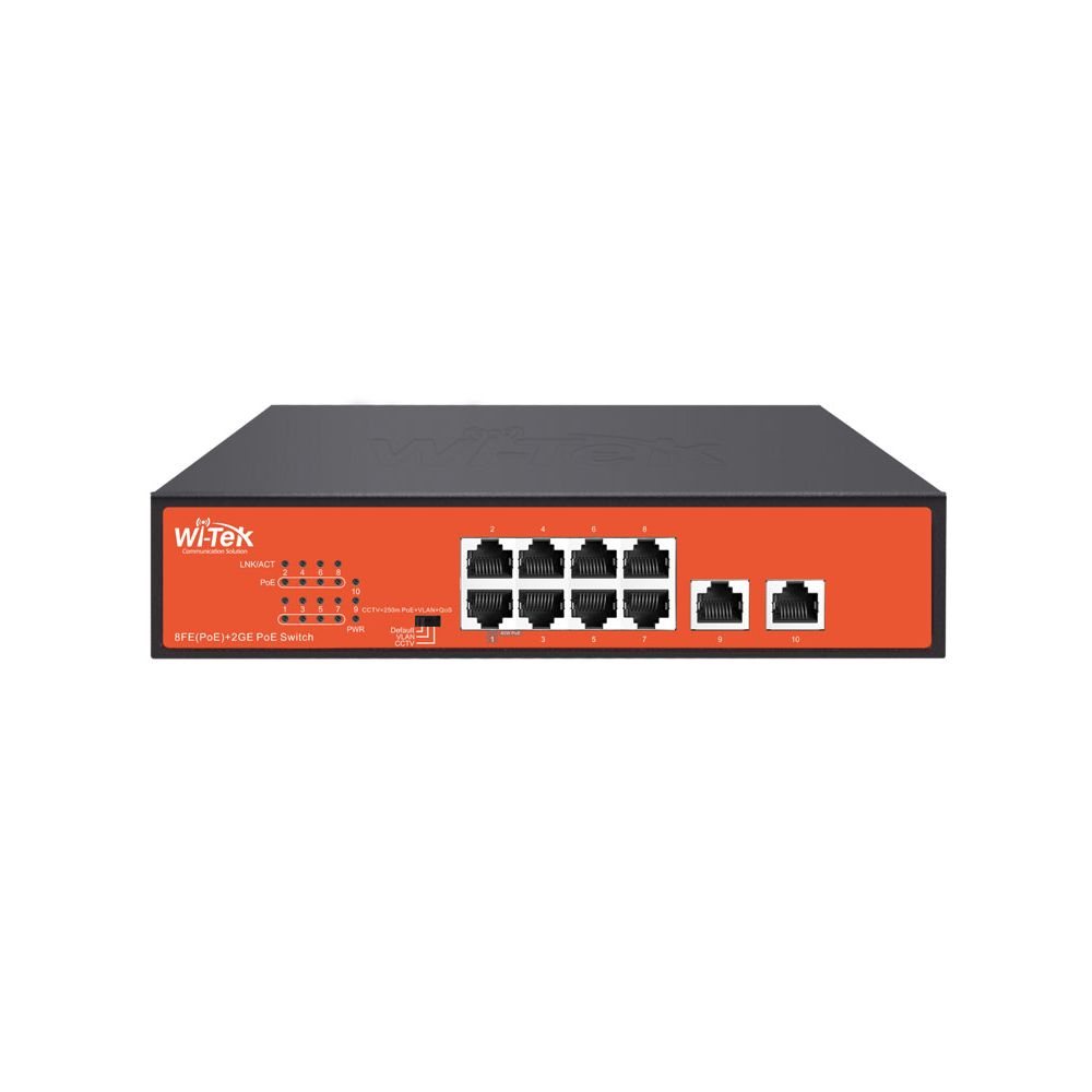Коммутатор неуправляемый Wi-Tek WI-PS210 v4, PoE 120Вт, порты 8 PoE FE, 2FE, режим 250м и VLAN, Watchdog, v4
