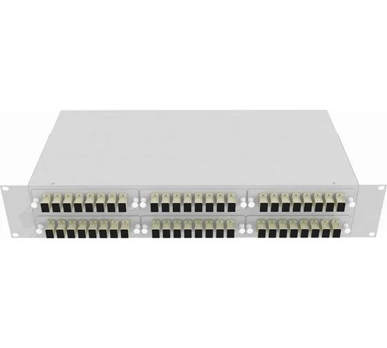 Кросс стоечный оптический Vimcom 19'' укомплектованный 1U, 32 порта SC, 50/125 мкм (сплайс-кассета, пигтейлы, адаптеры, КДЗС), сплошная панель, серый.