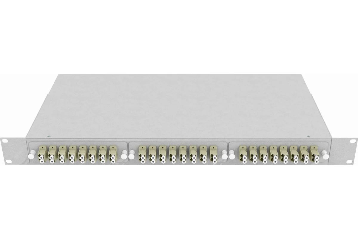 Кросс стоечный оптический Vimcom 19'' укомплектованный 1U,4 8 портов LC, 50/125 мкм (планки, сплайс-кассета, пигтейлы, адаптеры, КДЗС), серый.