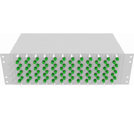 Кросс стоечный оптический Vimcom 19'' укомплектованный 1U, 96 портов FC/APC, 9/125 мкм (планки, сплайс-кассета, пигтейлы, адаптеры, КДЗС), серый.