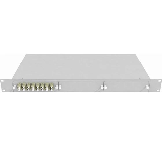 Кросс стоечный оптический Vimcom 19'' укомплектованный 1U, 16 портов LC/UPC, 9/125 мкм (планки, сплайс-кассета, пигтейлы, адаптеры, КДЗС), серый.