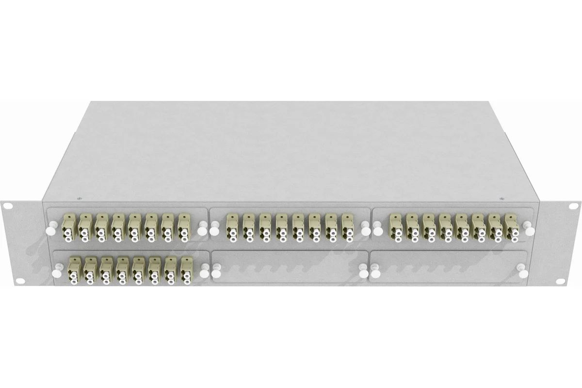 Кросс стоечный оптический Vimcom 19'' укомплектованный 2U, 64 порта LC, 50/125 мкм (планки, сплайс-кассета, пигтейлы, адаптеры, КДЗС), серый.