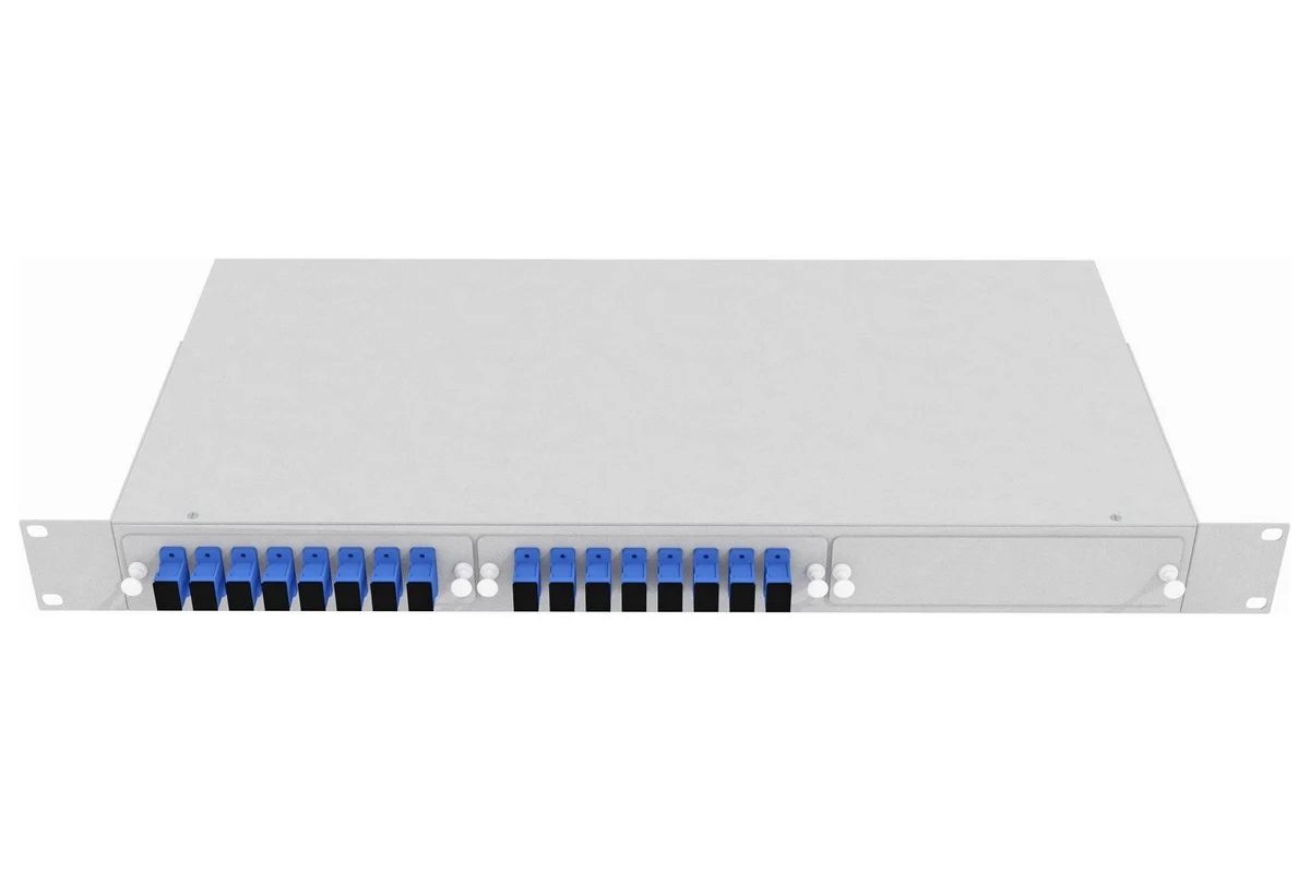 Кросс стоечный оптический Vimcom 19'' укомплектованный 1U, 16 портов SC/UPC, 9/125 мкм (планки, сплайс-кассета, пигтейлы, адаптеры, КДЗС), серый