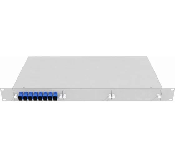 Кросс стоечный оптический Vimcom 19'' укомплектованный 1U, 8 портов SC/UPC, 9/125 мкм (планки, сплайс-кассета, пигтейлы, адаптеры, КДЗС), серый
