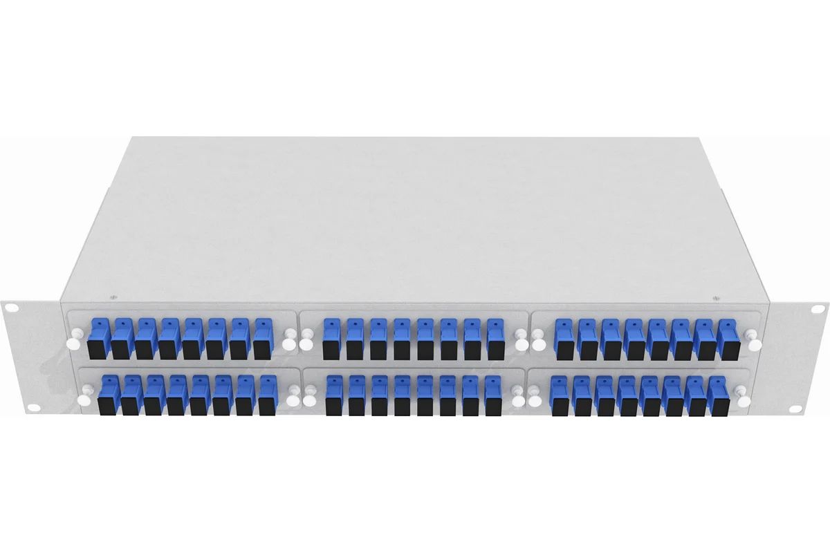 Кросс стоечный оптический Vimcom 19'' укомплектованный 2U, 48 портов SC/UPC, 9/125 мкм (планки, сплайс-кассета, пигтейлы, адаптеры, КДЗС), серый