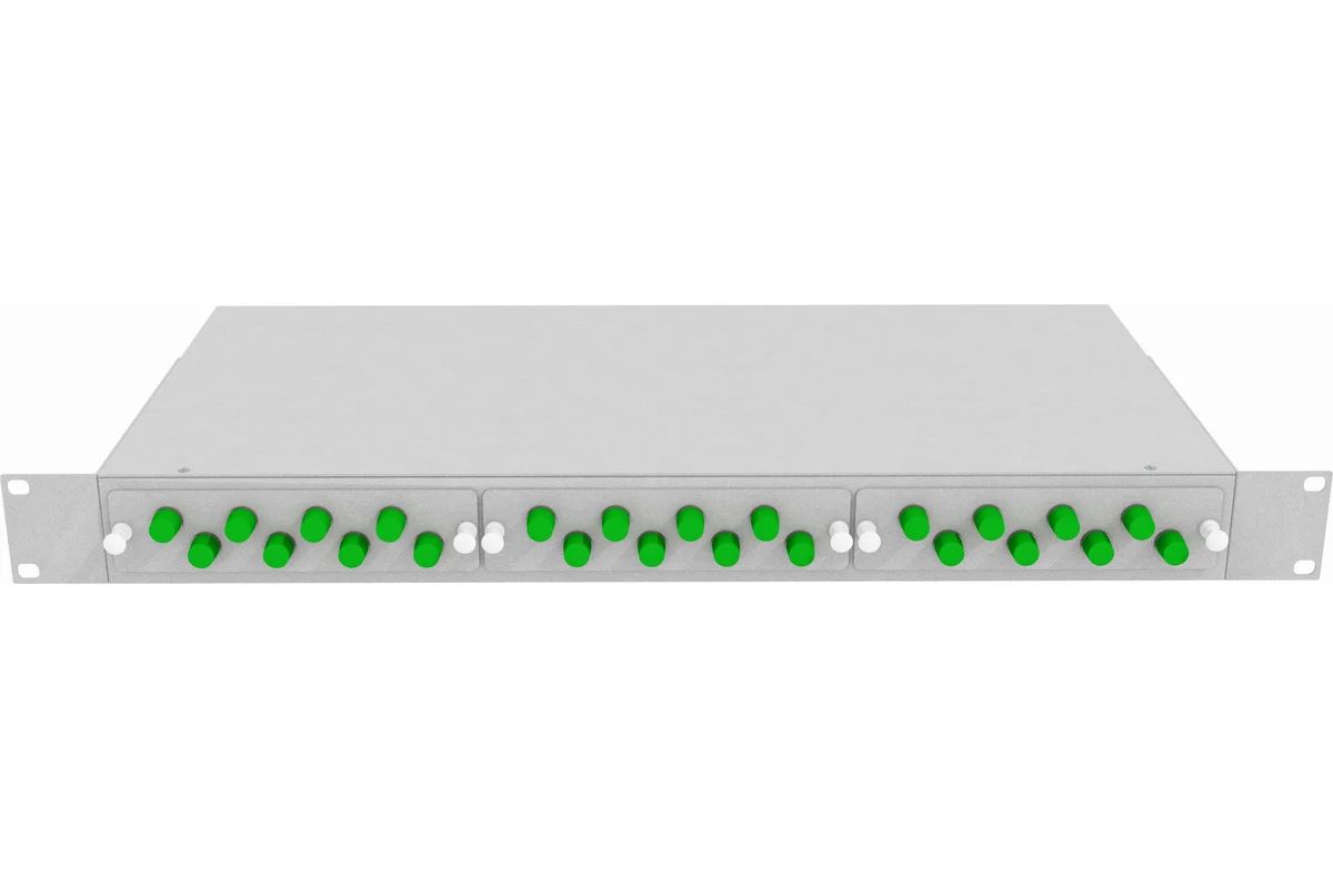 Кросс стоечный оптический Vimcom 19'' укомплектованный 1U, 24 порта FC/APC, 9/125 мкм (планки, сплайс-кассета, пигтейлы, адаптеры, КДЗС), серый.