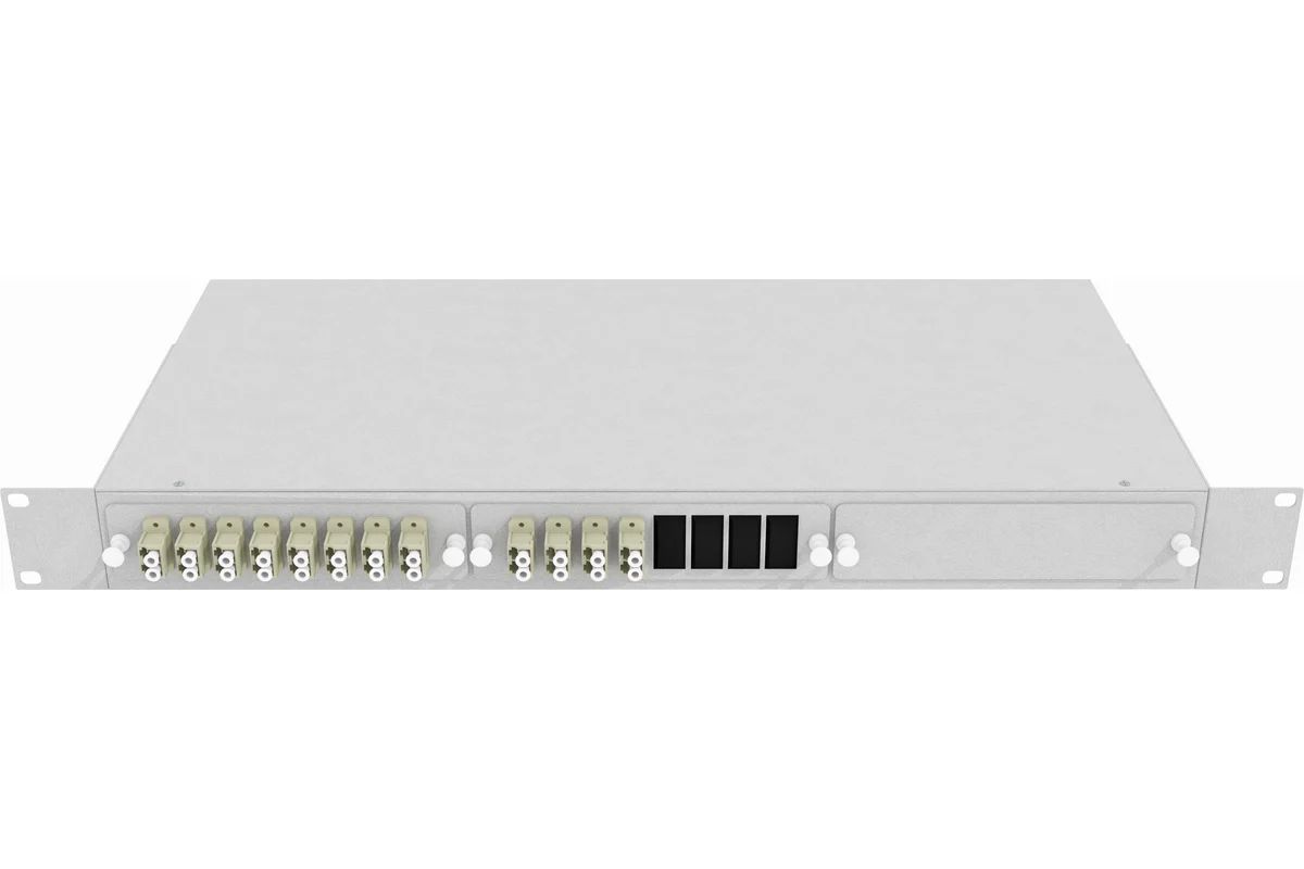 Кросс стоечный оптический Vimcom 19'' укомплектованный 1U, 24 порта LC, 50/125 мкм (планки, сплайс-кассета, пигтейлы, адаптеры, КДЗС), серый.