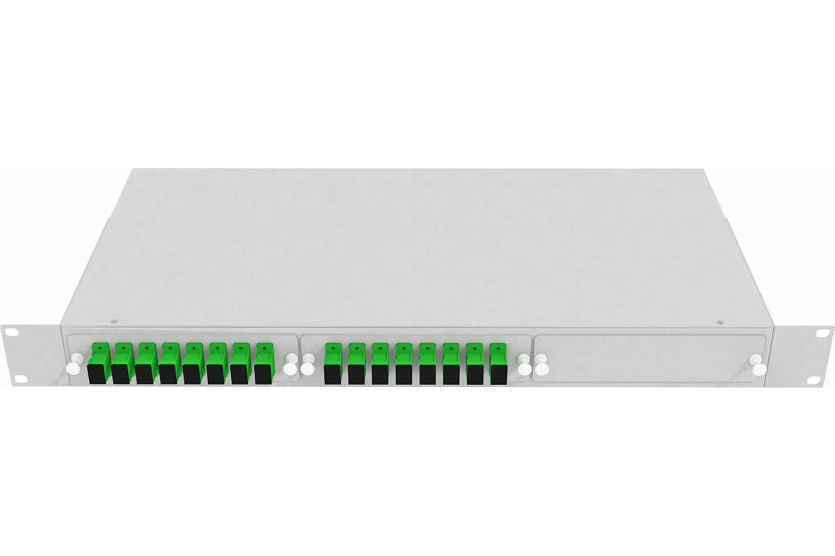 Кросс стоечный оптический Vimcom 19'' укомплектованный 1U, 16 портов SC/APC, 9/125 мкм (планки, сплайс-кассета, пигтейлы, адаптеры, КДЗС), серый