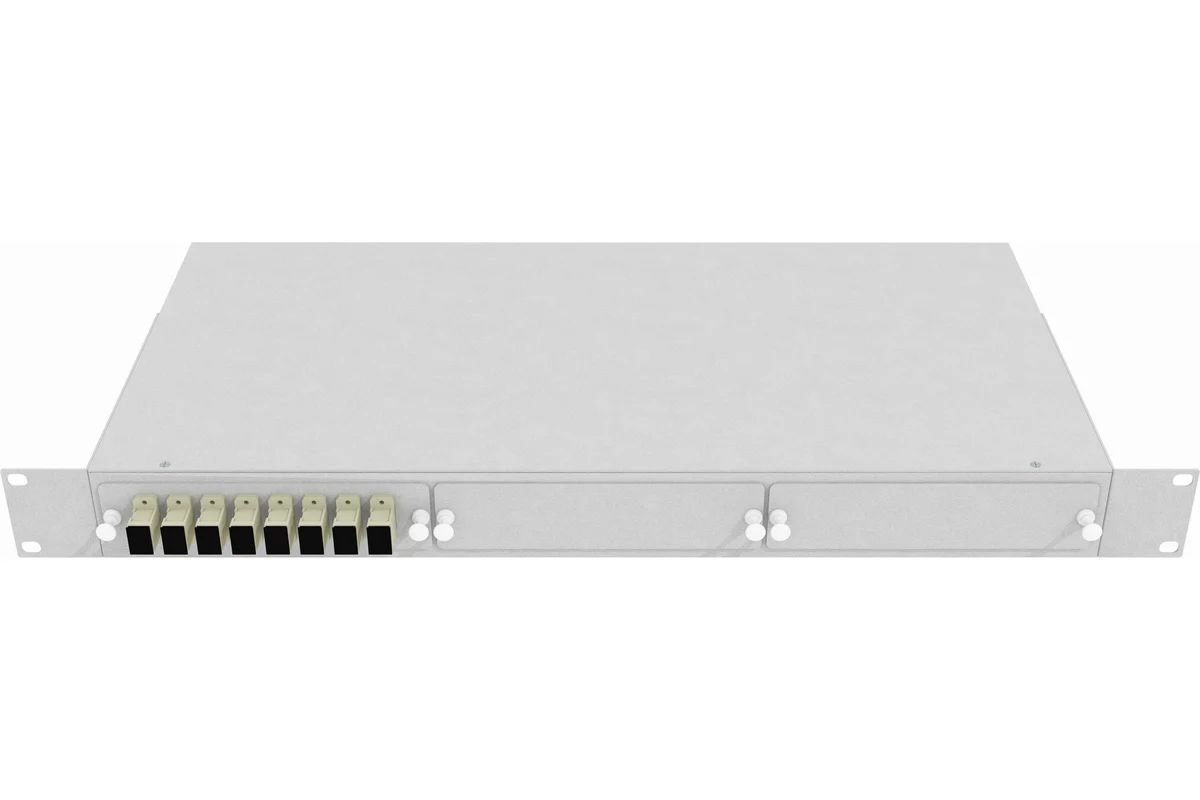 Кросс стоечный оптический Vimcom 19'' укомплектованный 1U, 8 портов SC, 50/125 мкм (планки, сплайс-кассета, пигтейлы, адаптеры, КДЗС), серый.