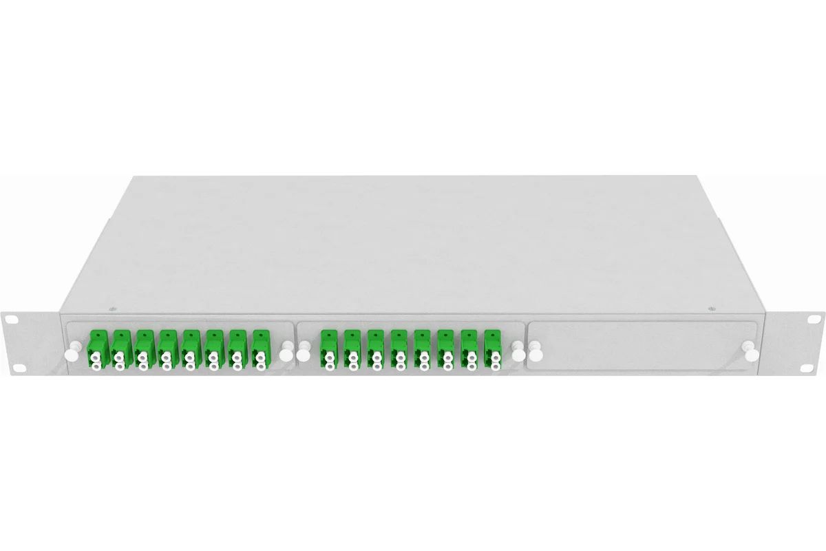 Кросс стоечный оптический Vimcom 19'' укомплектованный 1U, 32 порта LC/APC, 9/125 мкм (планки, сплайс-кассета, пигтейлы, адаптеры, КДЗС), серый.