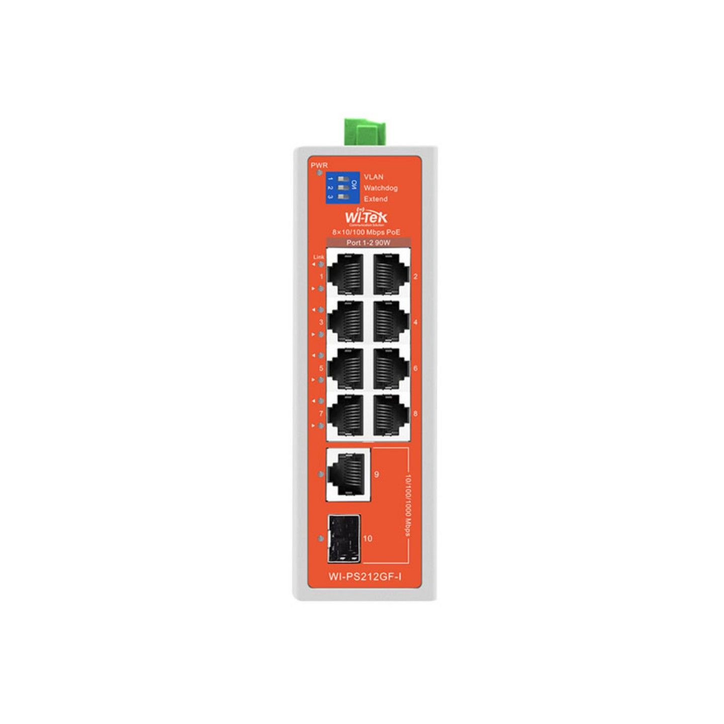 Коммутатор неуправляемый промышленный Wi-TekWI-PS212GF-I v2, PoE 360Вт, порты 8FE PoE + 1GE + 1SFP