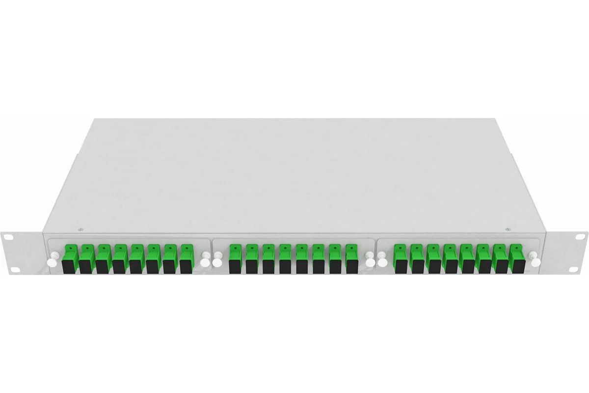 Кросс стоечный оптический Vimcom 19'' укомплектованный 1U, 24 порта SC/APC, 9/125 мкм (планки, сплайс-кассета, пигтейлы, адаптеры, КДЗС), серый