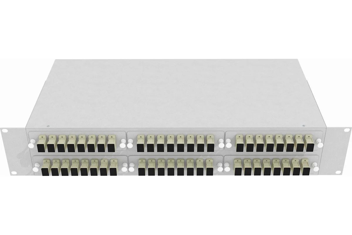 Кросс стоечный оптический Vimcom 19'' укомплектованный 2U, 48 портов SC, 50/125 мкм (планки, сплайс-кассета, пигтейлы, адаптеры, КДЗС), серый.