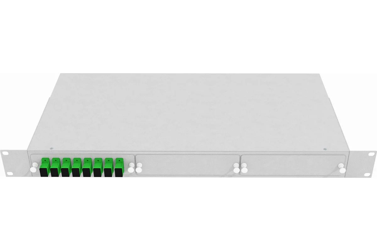 Кросс стоечный оптический Vimcom 19'' укомплектованный 1U, 8 портов SC/APC, 9/125 мкм (планки, сплайс-кассета, пигтейлы, адаптеры, КДЗС), серый
