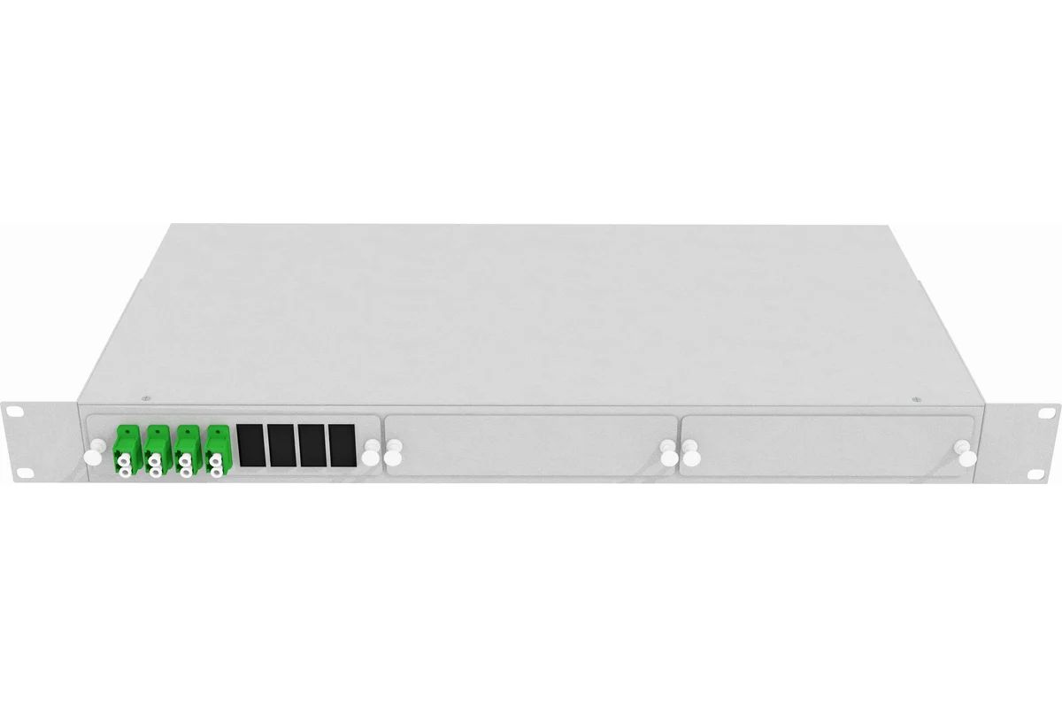 Кросс стоечный оптический Vimcom 19'' укомплектованный 1U, 8 портов LC/APC, 9/125 мкм (планки, сплайс-кассета, пигтейлы, адаптеры, КДЗС), серый.