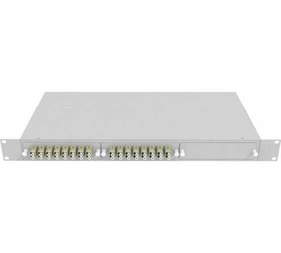 Кросс стоечный оптический Vimcom 19'' укомплектованный 1U, 32 порта LC/UPC, 9/125 мкм (планки, сплайс-кассета, пигтейлы, адаптеры, КДЗС), серый.