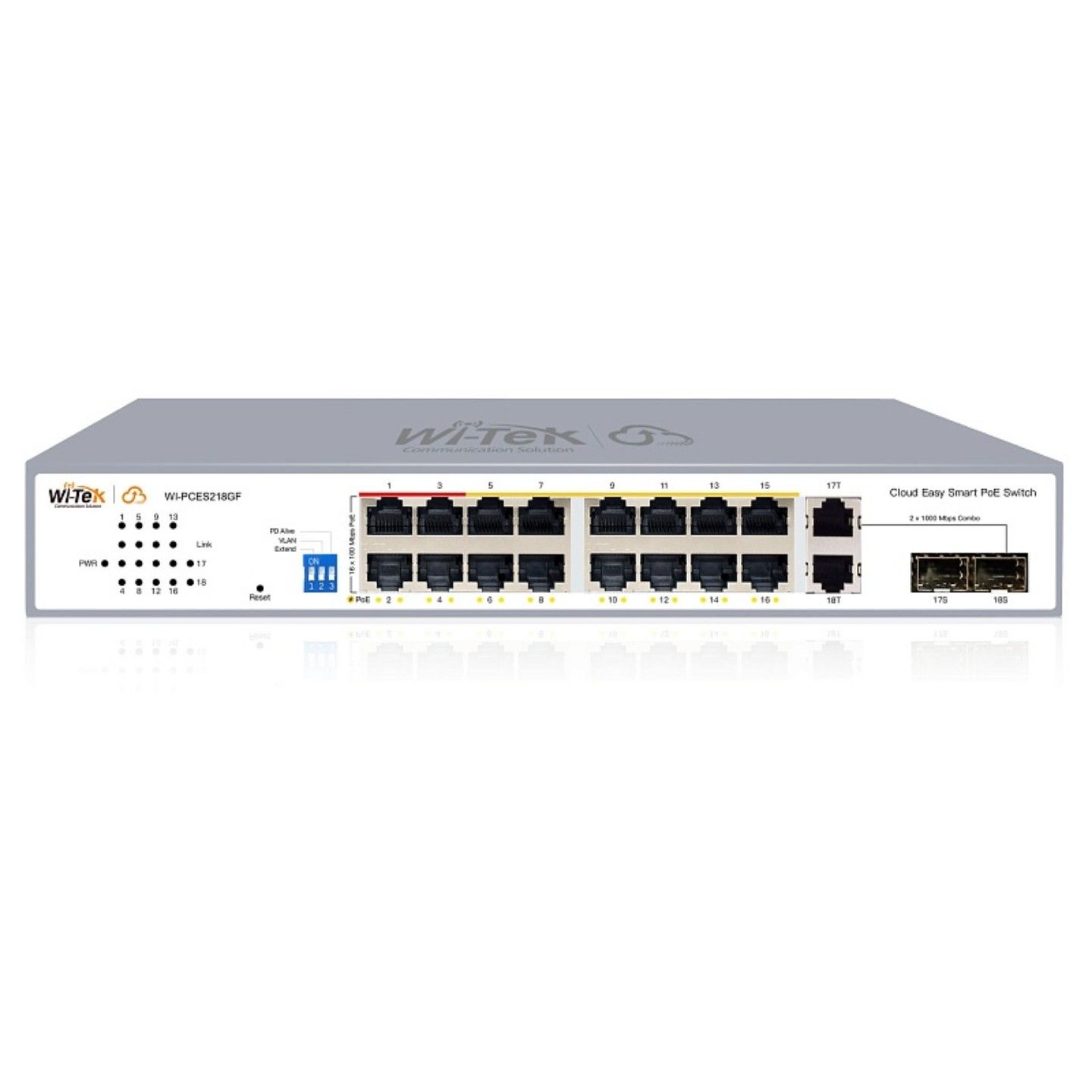 Коммутатор настраиваемый Wi-Tek WI-PCES218GF, PoE 250Вт, порты 16FE PoE + 2SFP, Easy Smart