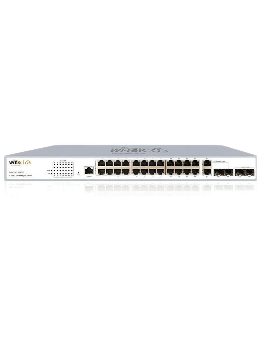 Коммутатор управляемый Wi-Tek WI-CMS328GF, уровень L2, 24GbE-T + 2комбо порта GE/SFP + 2порта SFP + 1консольный порт