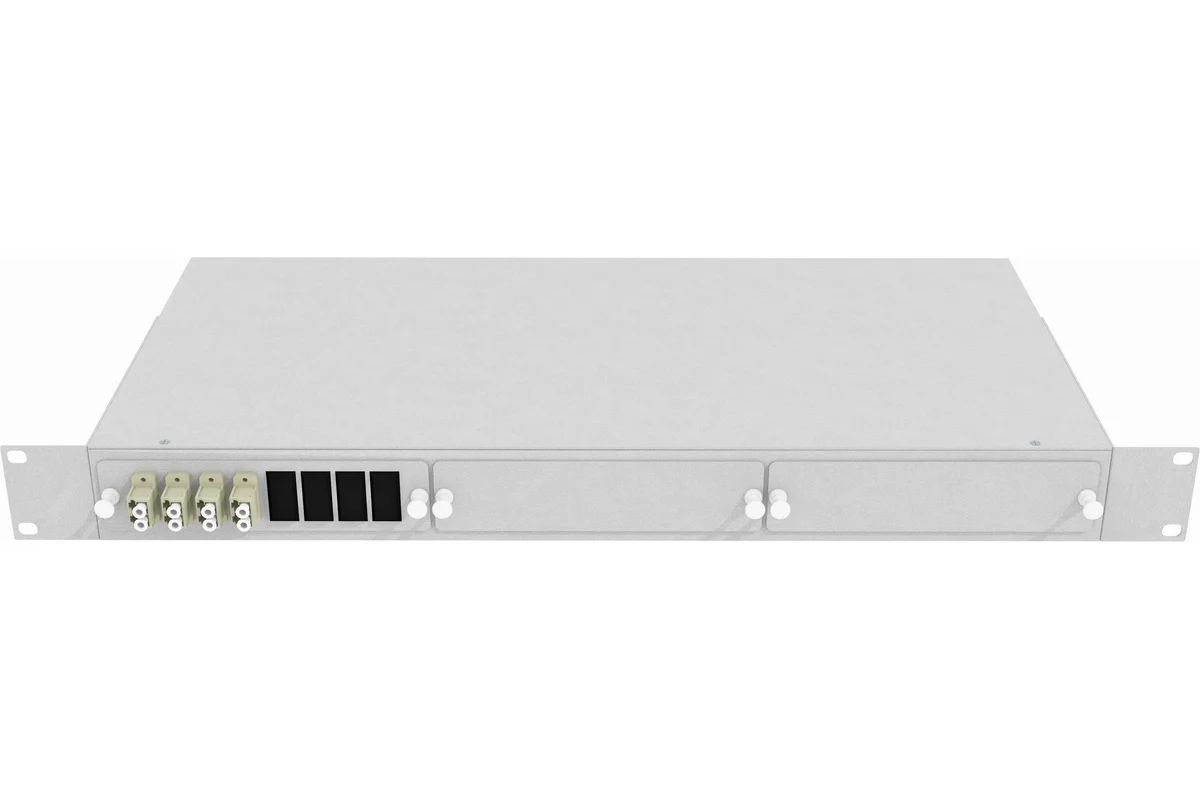 Кросс стоечный оптический Vimcom 19'' укомплектованный 1U, 8 портов LC, 50/125 мкм (планки, сплайс-кассета, пигтейлы, адаптеры, КДЗС), серый.