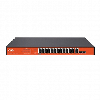 Коммутатор неуправляемый Wi-Tek WI-PS526G v4, PoE 270Вт, порты 24 PoE FE, 2 Combo, режим 250м, VLAN, Watchdog