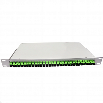 Кросс стоечный оптический Vimcom 19'' укомплектованный 1U, 32 порта SC/APC, 9/125 мкм (сплайс-кассета, пигтейлы, адаптеры, КДЗС), сплошная панель, серый