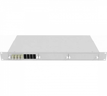 Кросс стоечный оптический Vimcom 19'' укомплектованный 1U, 8 портов LC/UPC, 9/125 мкм (планки, сплайс-кассета, пигтейлы, адаптеры, КДЗС), серый.