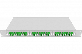 Кросс стоечный оптический Vimcom 19'' укомплектованный 1U, 48 портов LC/APC, 9/125 мкм (планки, сплайс-кассета, пигтейлы, адаптеры, КДЗС), серый.