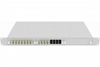 Кросс стоечный оптический Vimcom 19'' укомплектованный 1U, 24 порта LC, 50/125 мкм (планки, сплайс-кассета, пигтейлы, адаптеры, КДЗС), серый.