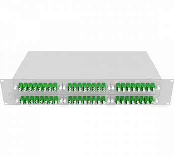 Кросс стоечный оптический Vimcom 19'' укомплектованный 2U, 48 портов LC/APC, 9/125 мкм (планки, сплайс-кассета, пигтейлы, адаптеры, КДЗС), серый.