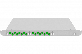 Кросс стоечный оптический Vimcom 19'' укомплектованный 1U, 16 портов FC/APC, 9/125 мкм (планки, сплайс-кассета, пигтейлы, адаптеры, КДЗС), серый.
