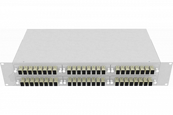 Кросс стоечный оптический Vimcom 19'' укомплектованный 2U, 48 портов SC, 50/125 мкм (планки, сплайс-кассета, пигтейлы, адаптеры, КДЗС), серый.