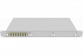 Кросс стоечный оптический Vimcom 19'' укомплектованный 1U, 16 портов LC, 50/125 мкм (планки, сплайс-кассета, пигтейлы, адаптеры, КДЗС), серый.